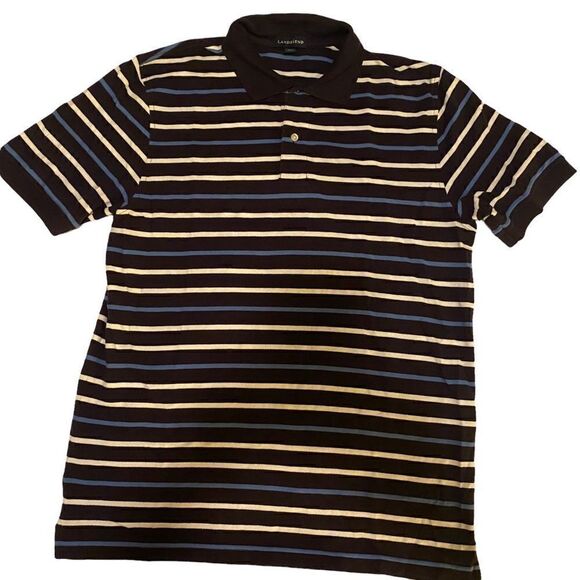 Lands End Navy White and Blue Striped Short Sleeve‎ Polo Sz L - Picture 1 of 10